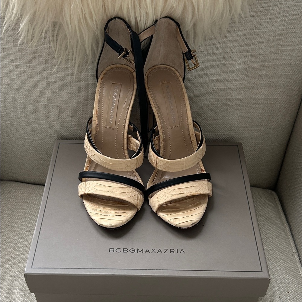 BCBGMaxAzria Black and Tan Strappy Heels